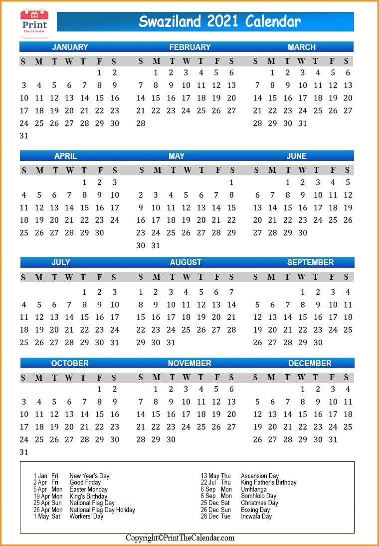 Swaziland Calendar 2021